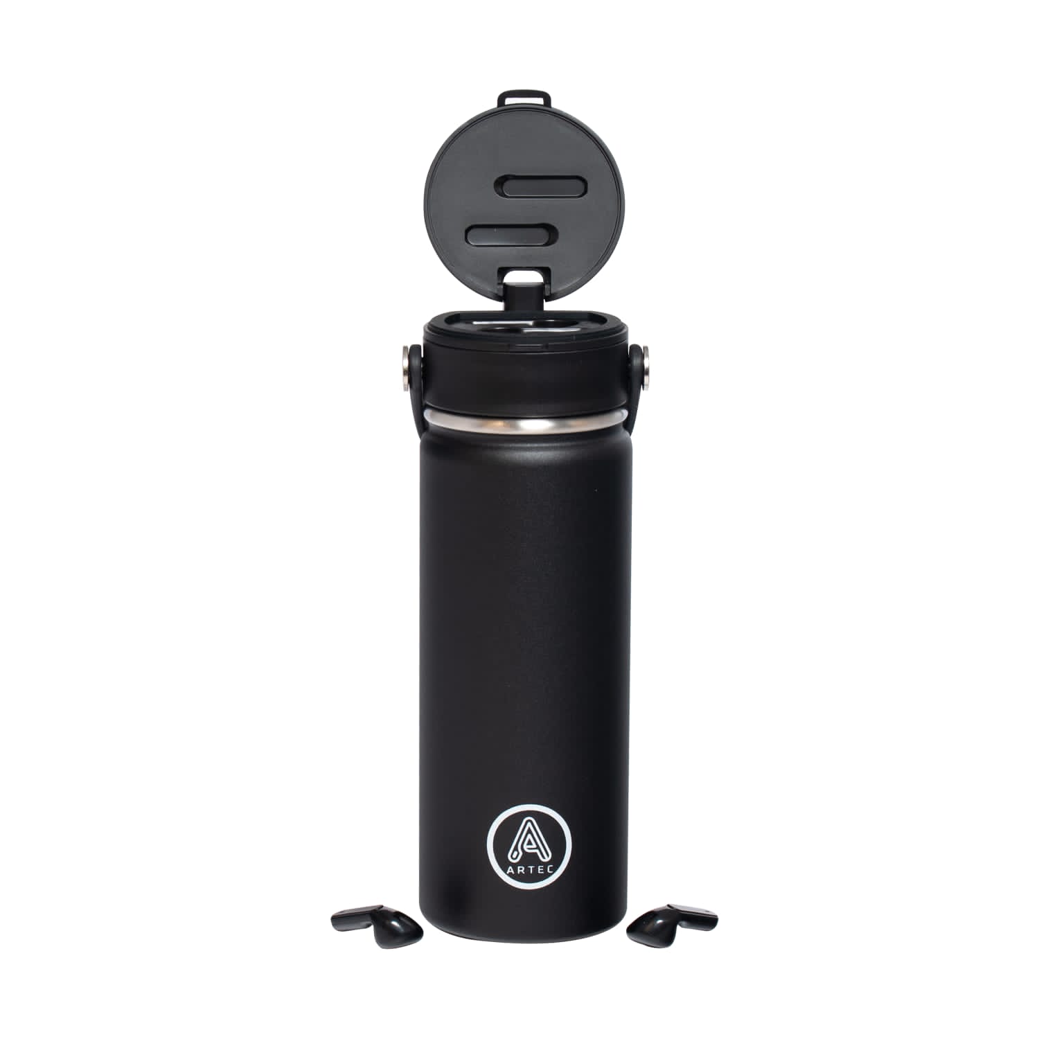 Thermos with TWS airpods integrated.