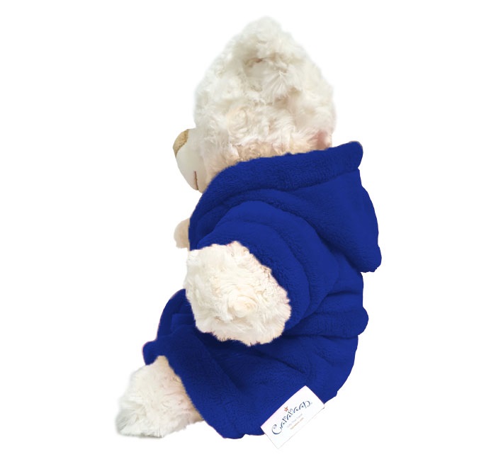 Super soft fluffy cream bear with deep-pile velour blue bathrobe, size 38cm.