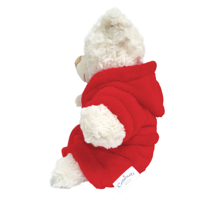 Super soft fluffy cream bear with deep-pile velour red bathrobe, size 38cm.