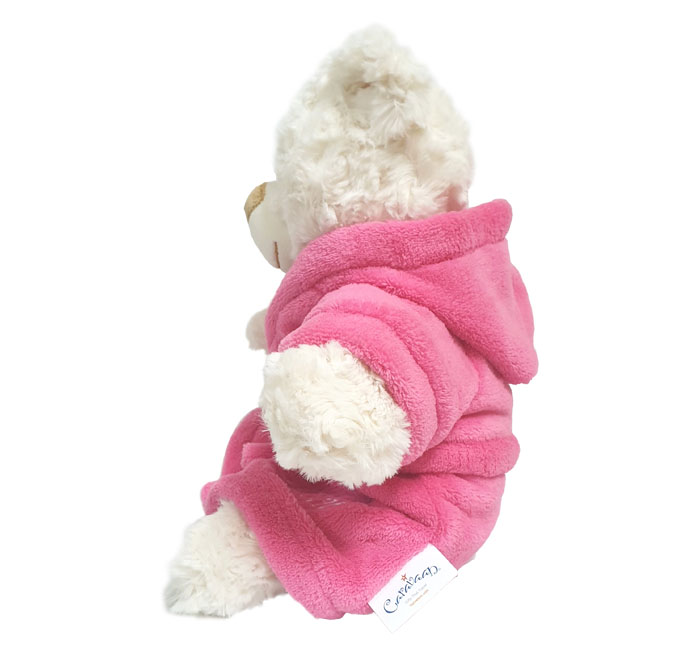 Super soft fluffy cream bear with deep-pile velour pink bathrobe Happy Birthday, size 38cm.