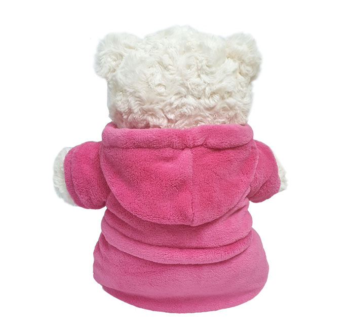 Super soft fluffy cream bear with deep-pile velour pink bathrobe Happy Birthday, size 38cm.