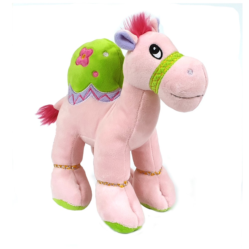 Cuddly soft toy pink camel with bright detailed embroidery, size 25cm.