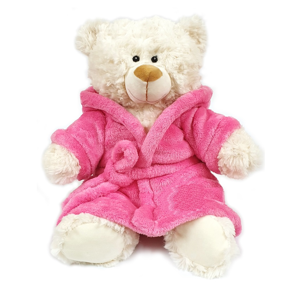Super soft fluffy cream bear with deep-pile velour pink bathrobe, size 38cm.