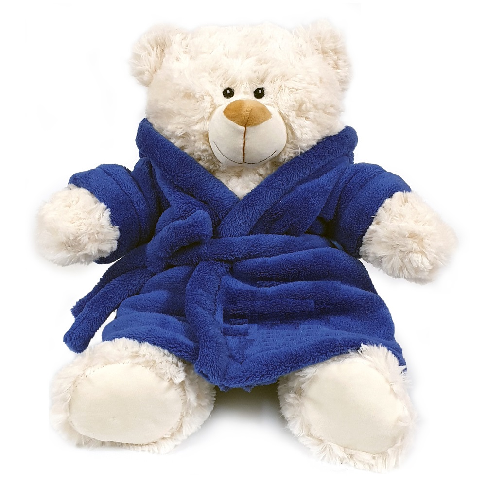 Super soft fluffy cream bear with deep-pile velour blue bathrobe, size 38cm.