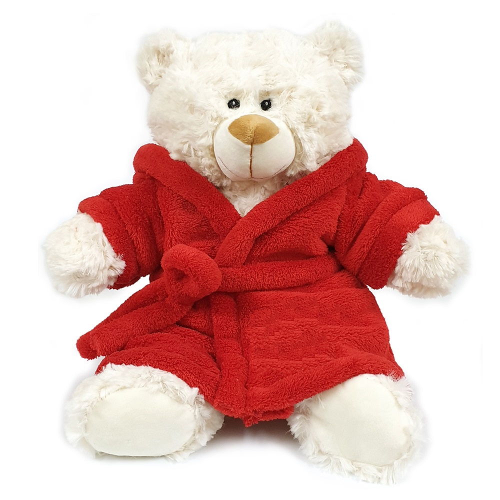 Super soft fluffy cream bear with deep-pile velour red bathrobe, size 38cm.