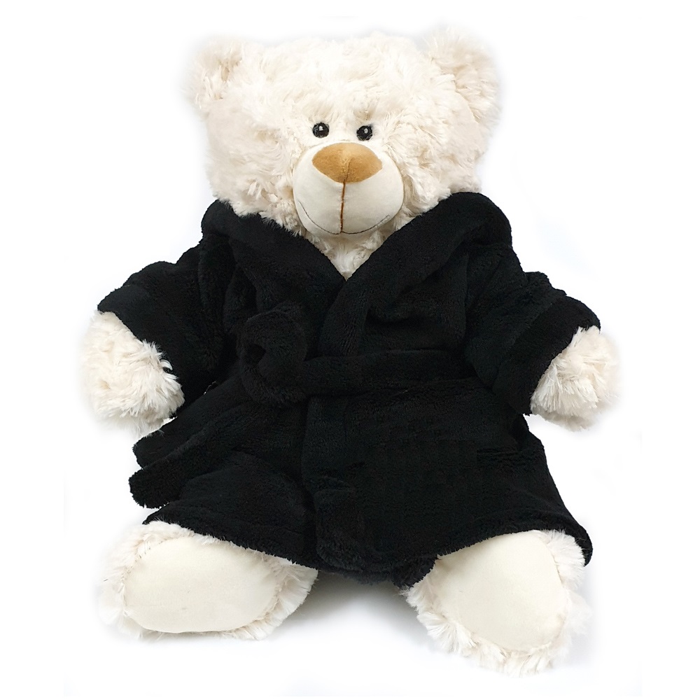 Super soft fluffy cream bear with deep-pile velour black bathrobe, size 38cm. 