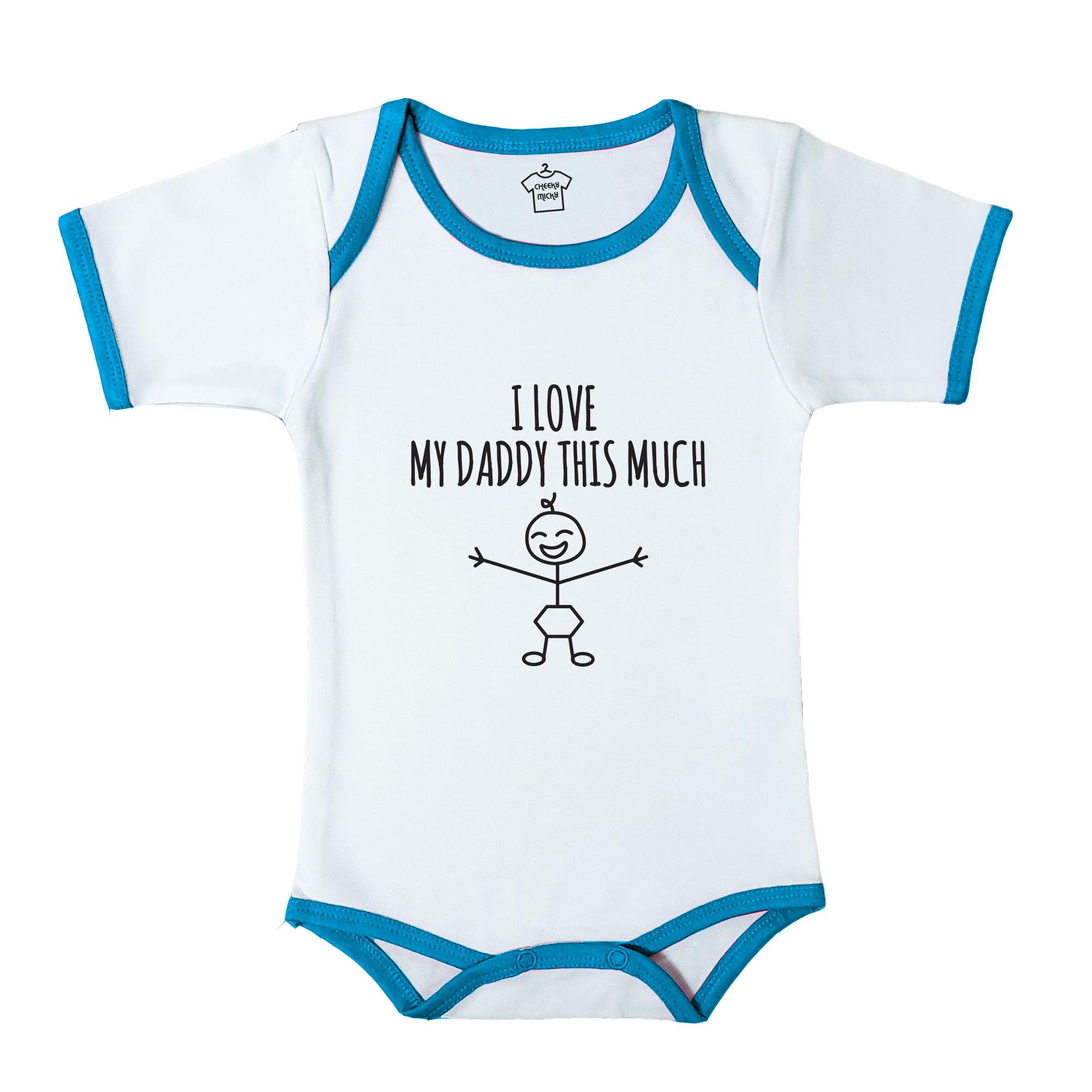 Soft baby body suit with blue trim, 100% cotton, machine washable. Age 6-12 months. Print: I Heart My Daddy This Much.
