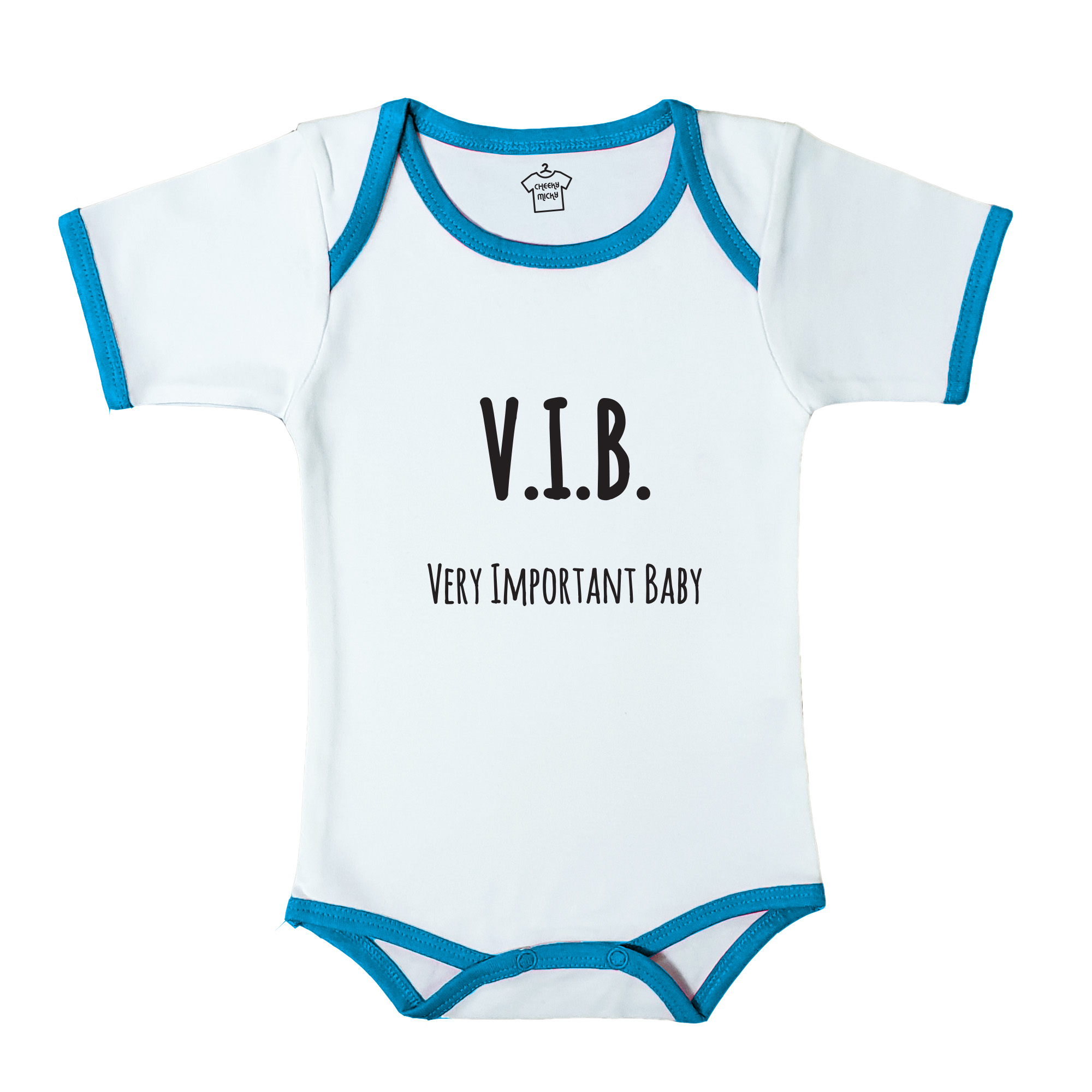 Soft baby body suit with blue trim, 100% cotton, machine washable. Age 6-12 months. Print: V.I.B. Very Important Baby.