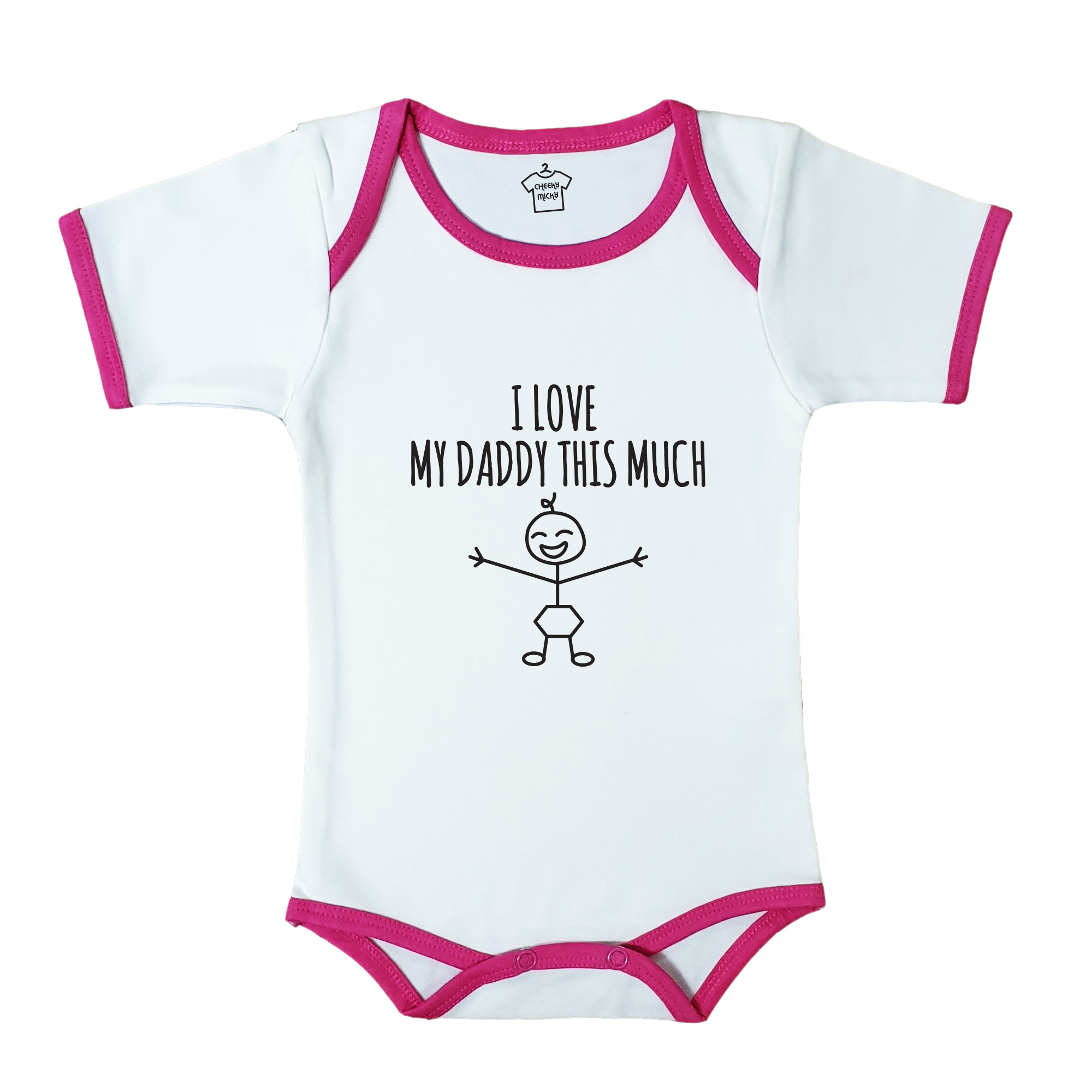Soft baby body suit with pink trim, 100% cotton, machine washable. Age 6-12months. Print: I Heart My Daddy This Much.