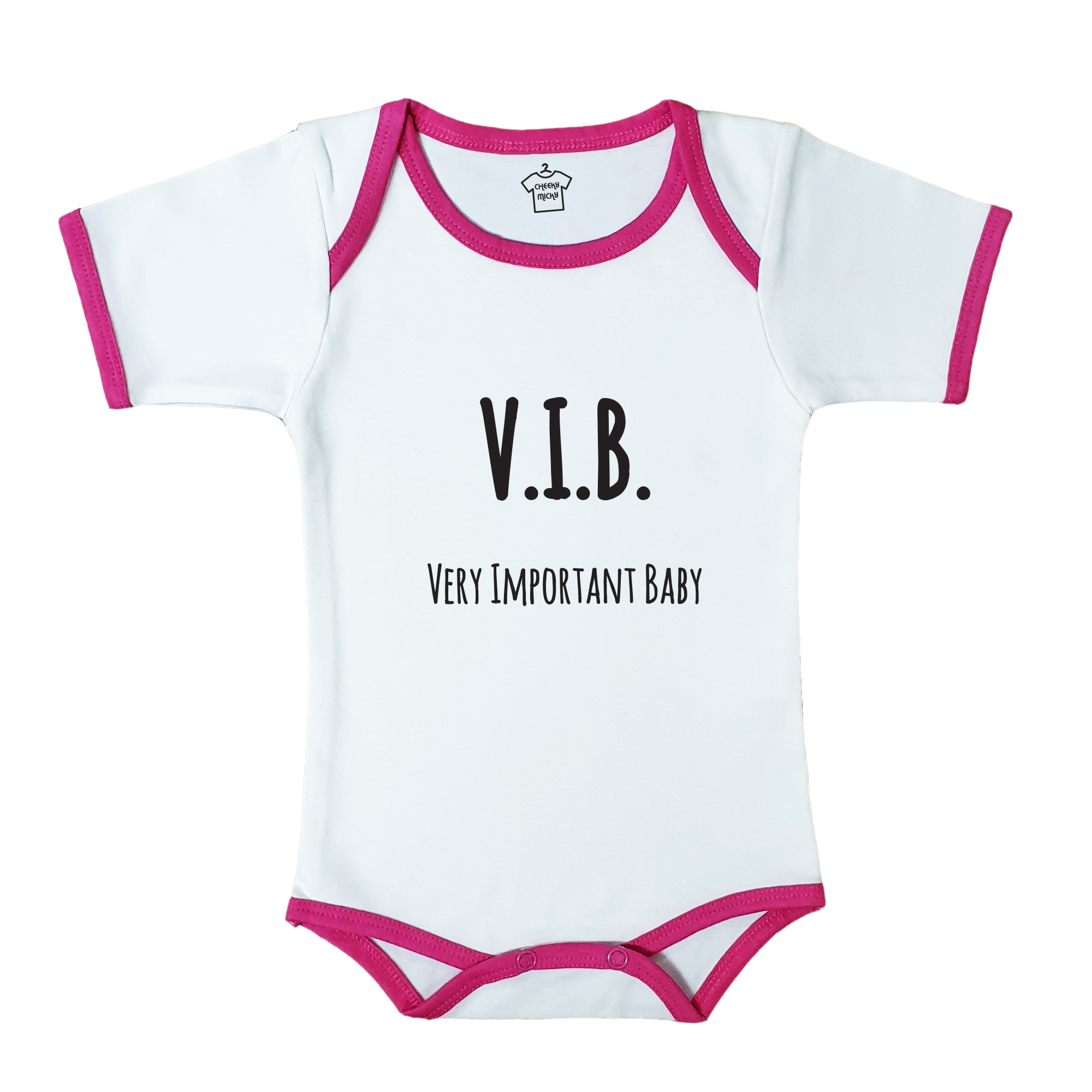 Soft baby body suit with pink trim, 100% cotton, machine washable. Age 6-12 months. Print: V.I.B. Very Important Baby.