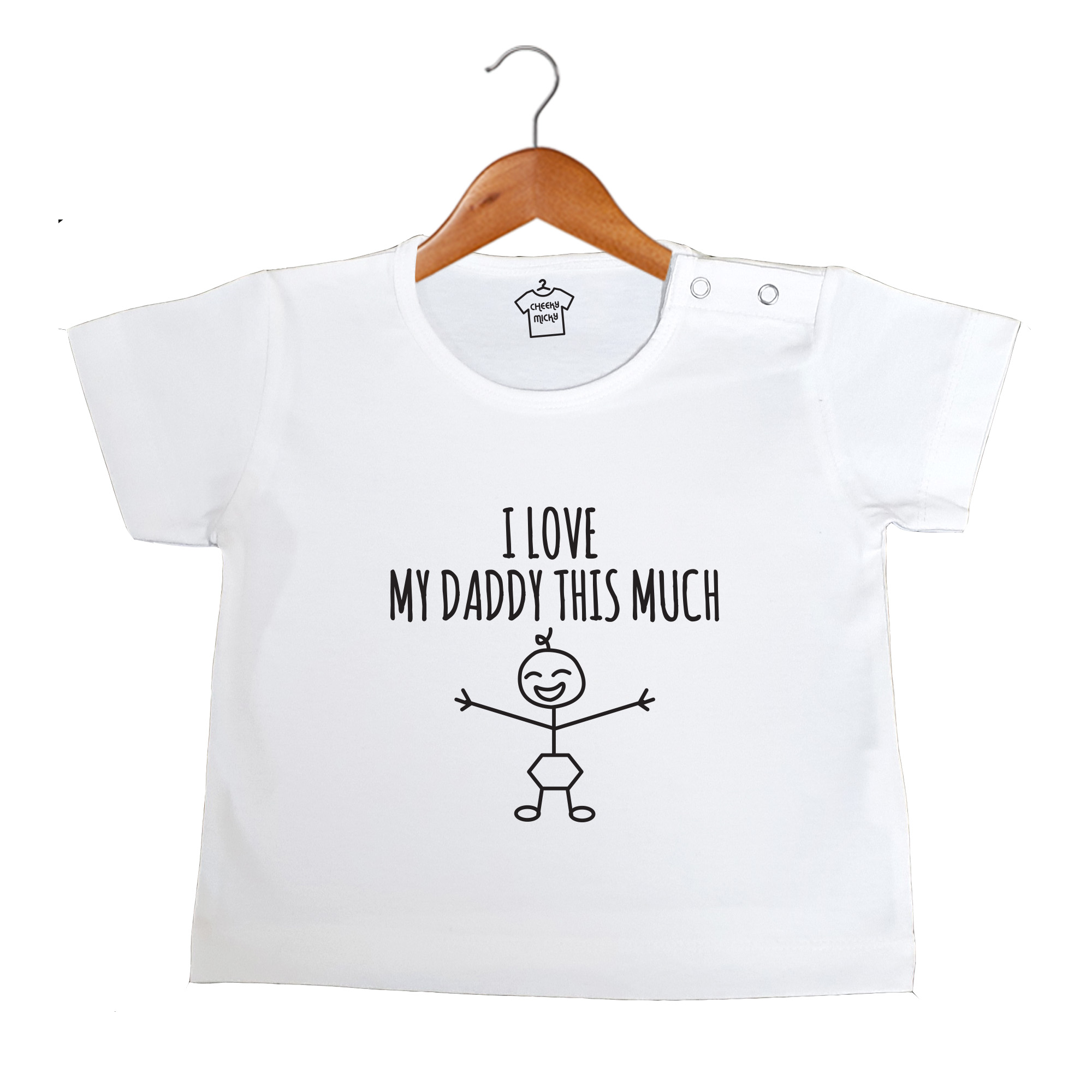 White T-shirt, 100% cotton, machine washable. Age 6-12 months. Print: I Heart My Daddy This Much.