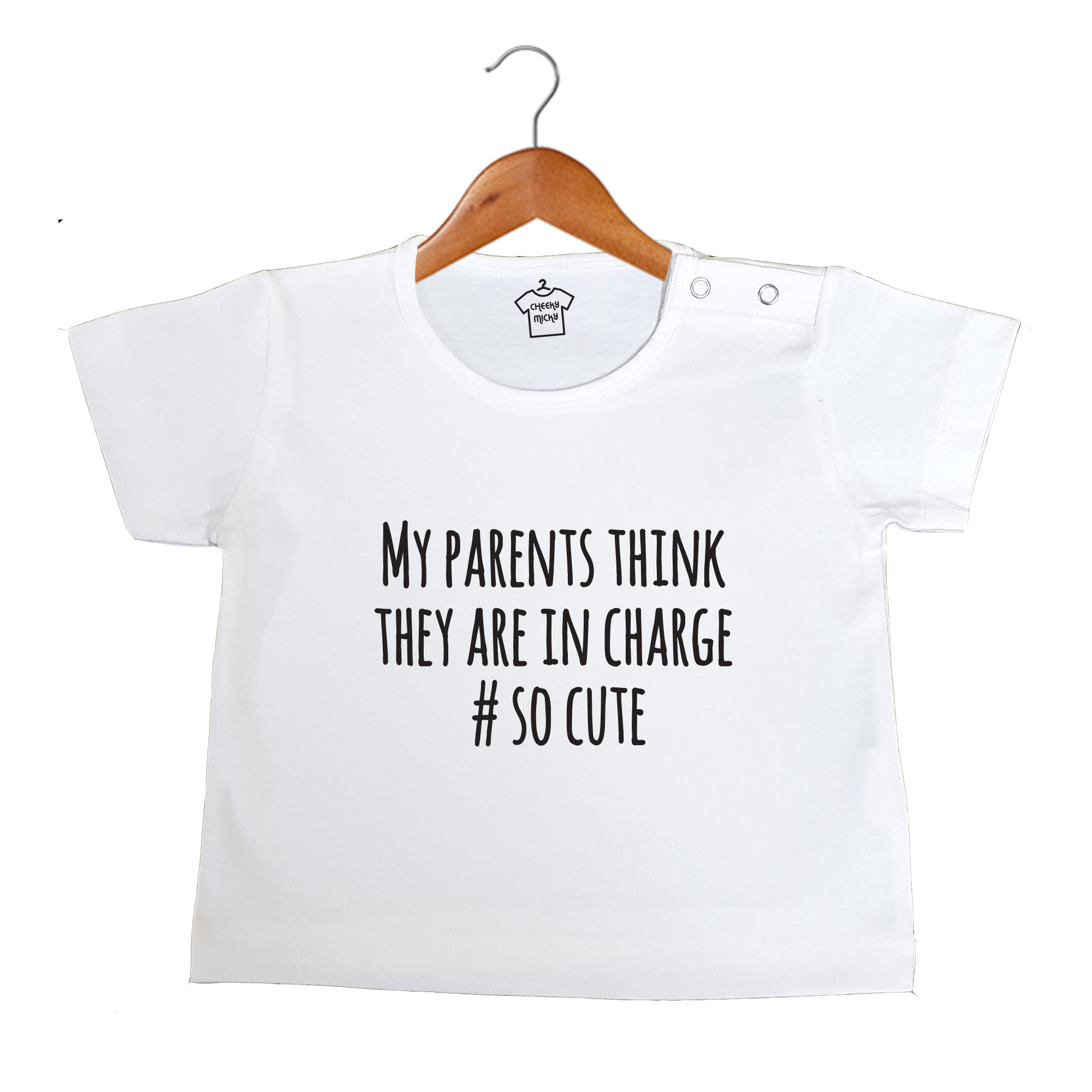 White T-shirt, 100% cotton, machine washable. Age 6-12 months. Print: My Parents Think They Are In Charge #socute.
