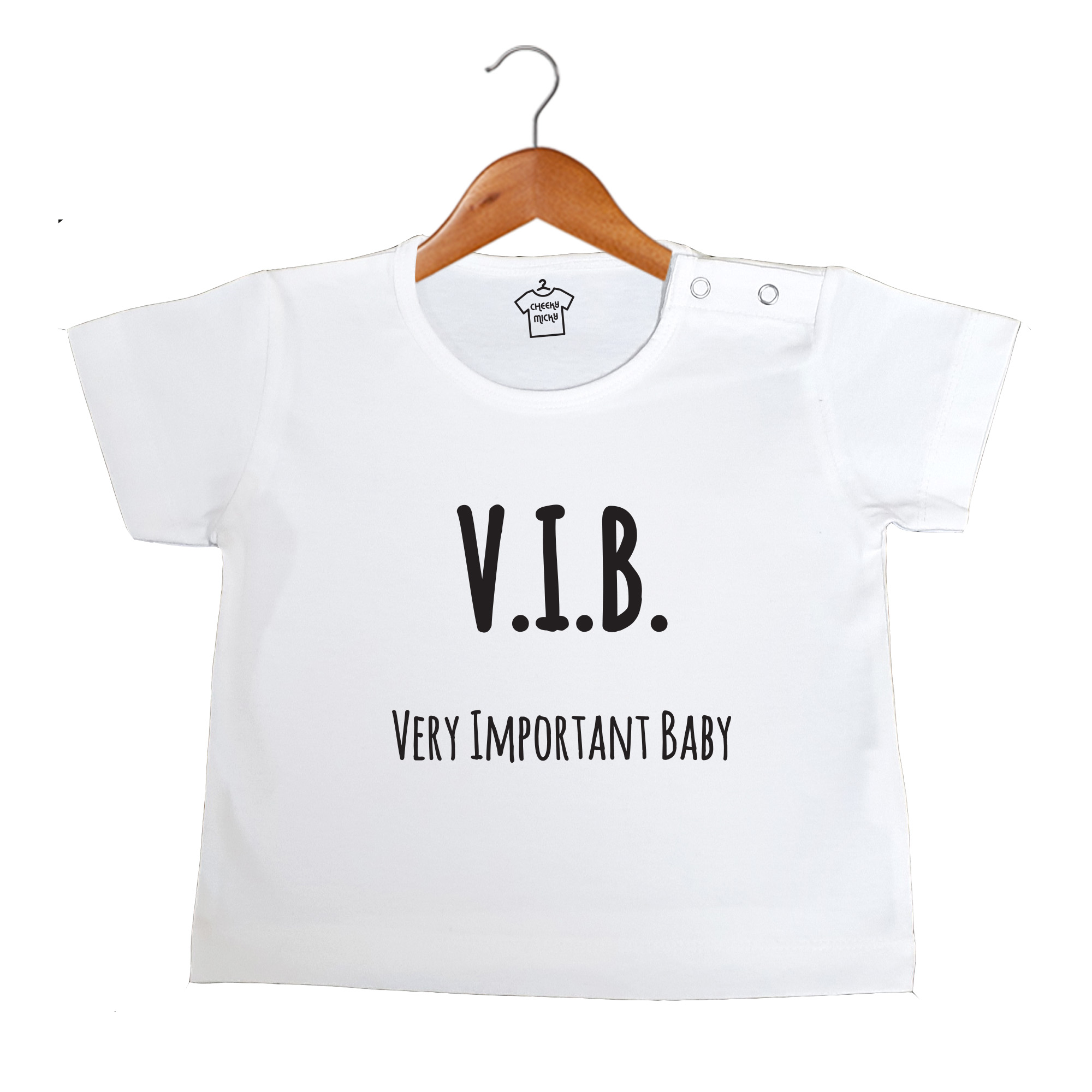 White T-shirt, 100% cotton, machine washable. Age 6-12 months. Print: V.I.B. Very Important Baby.