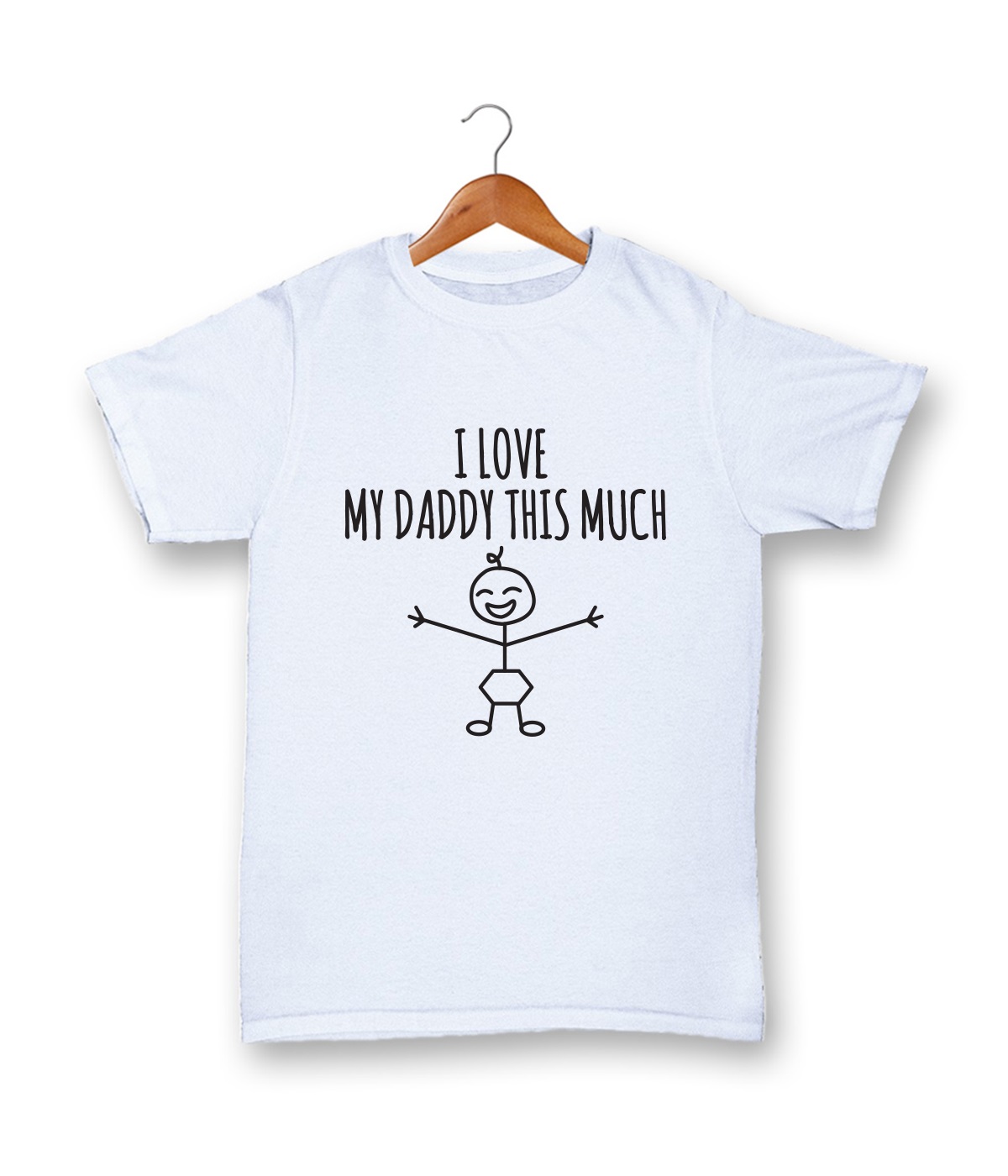 White T-shirt, 100% cotton, machine washable. Age 1-2 years. Print: I Heart My Daddy This Much.