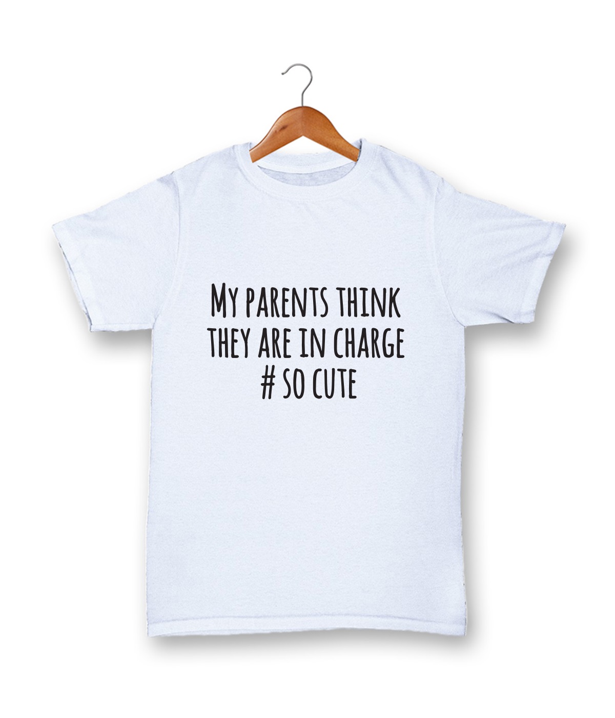 White T-shirt, 100% cotton, machine washable. Age 1-2 years. Print: My Parents Think They Are In Charge #socute.