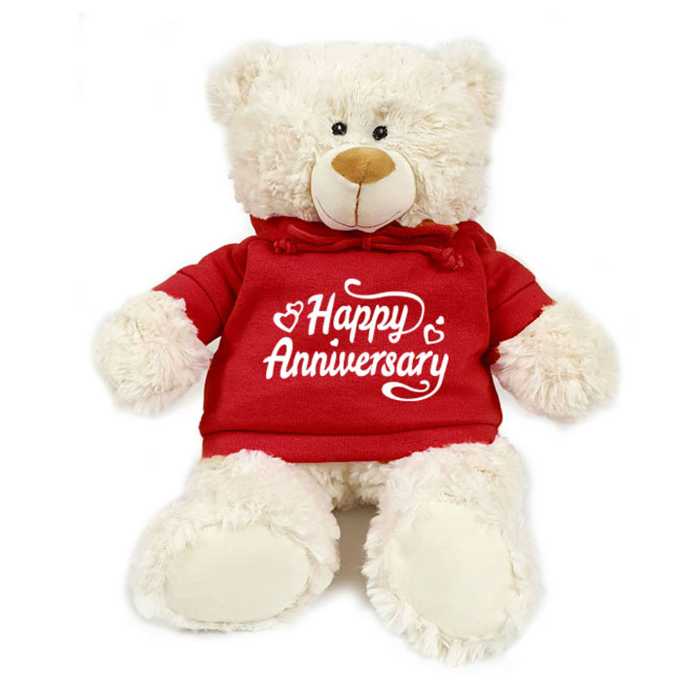 Supersoft, cuddly teddy bear with trendy red hoodie. Happy Anniversary. Size 38cm. 