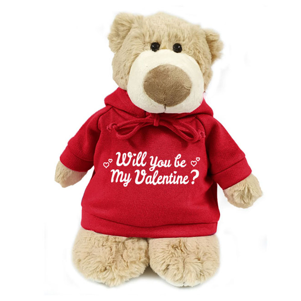 Supersoft, cuddly mascot bear with trendy red hoodie. Will you be my Valentine?. Size 28cm.