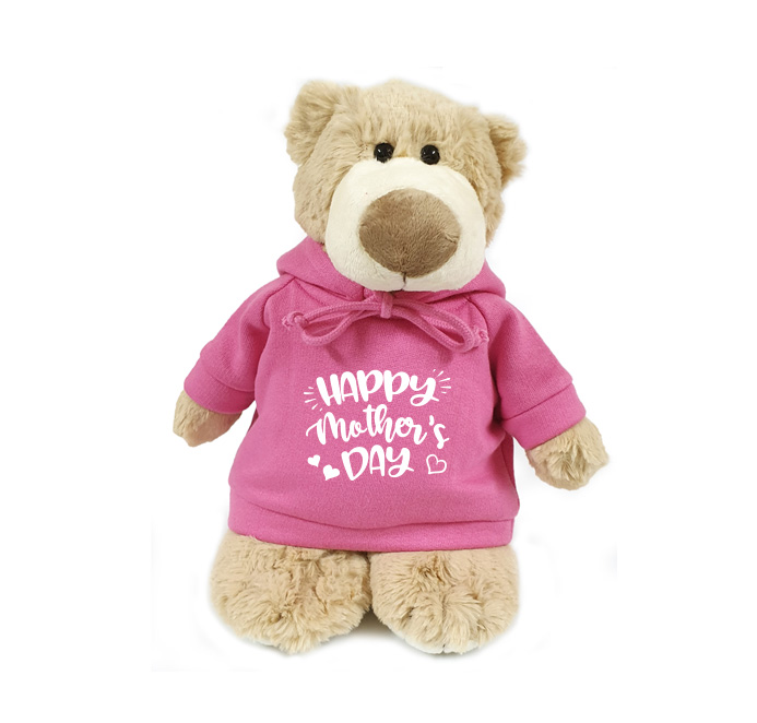 Super soft, cuddly mascot bear with trendy pink Happy Mother's Day hoodie, size 28cm.