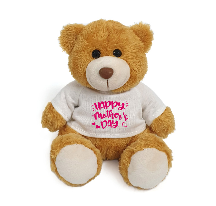 Cuddly super soft golden teddy bear with  pink Happy Mother's Day on white T-shirt, size 15cm. 