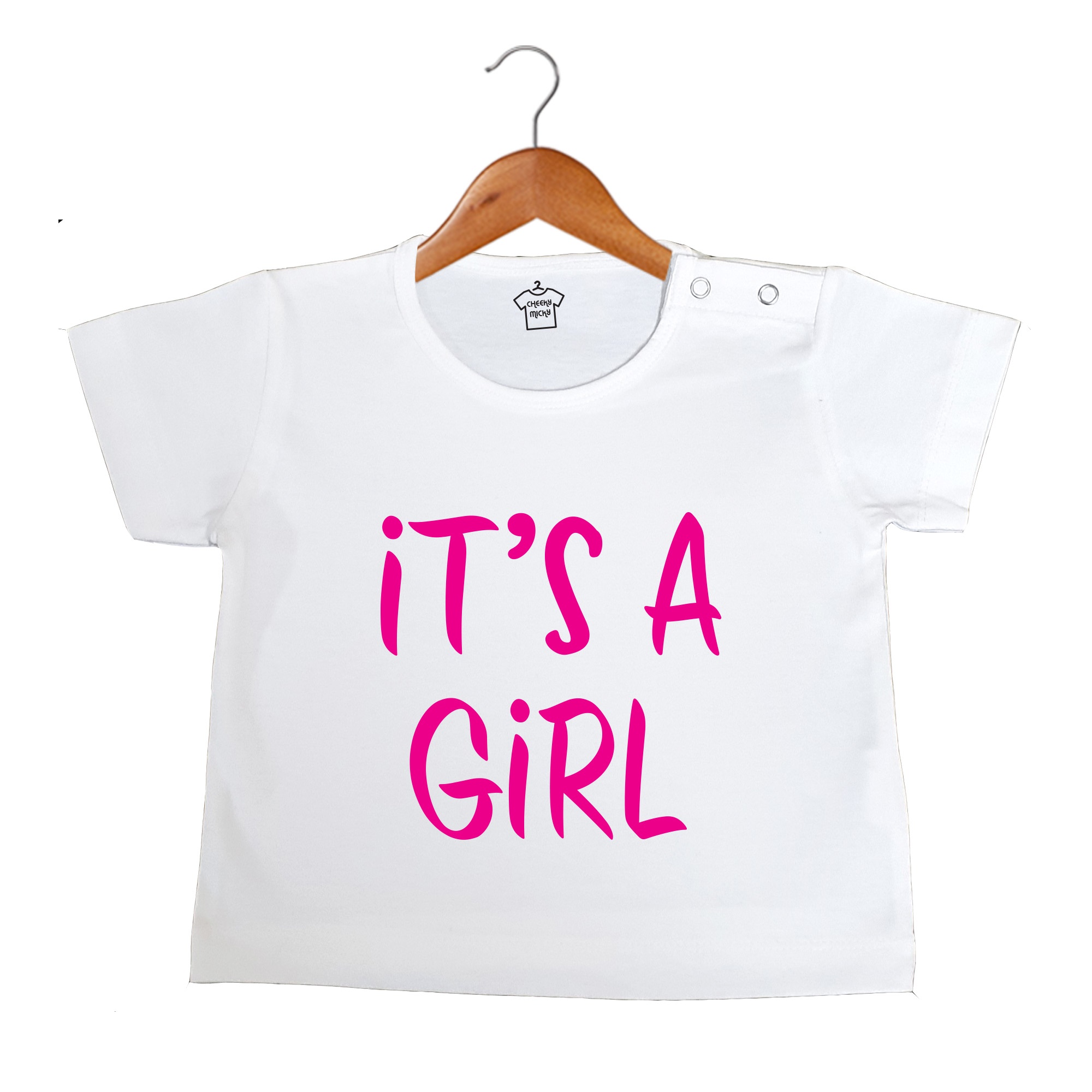 White T-shirt, 100% cotton, machine washable. Age 6-12 months. Print: It's A Girl.