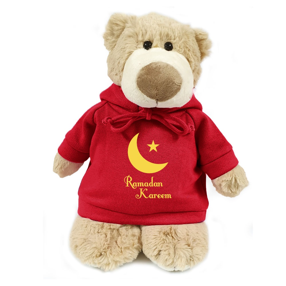 Super soft, cuddly brown  bear with Red Ramadan Kareem hoodie, size 28cm.