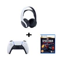 Sony PlayStation Pulse 3D Wireless Headset for PS5, White+ DualSense Wireless Controller+ Spider-Man: Miles Morales